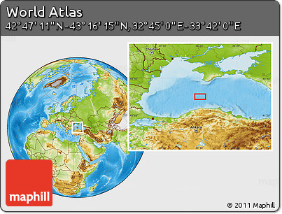 Physical Location Map of the Area around 43° 1' 43" N, 33° 13' 30" E