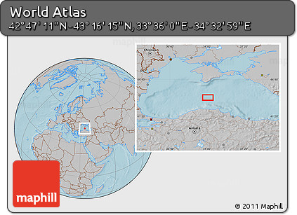 Gray Location Map of the Area around 43° 1' 43" N, 34° 4' 30" E, hill shading