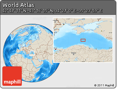 Shaded Relief Location Map of the Area around 43° 1' 43" N, 34° 55' 29" E