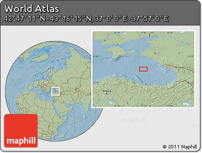 Savanna Style Location Map of the Area around 43° 1' 43" N, 37° 28' 30" E, hill shading