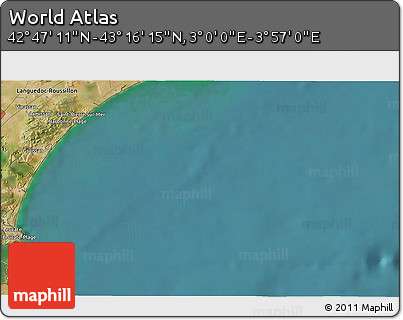 Satellite 3D Map of the Area around 43° 1' 43" N, 3° 28' 30" E