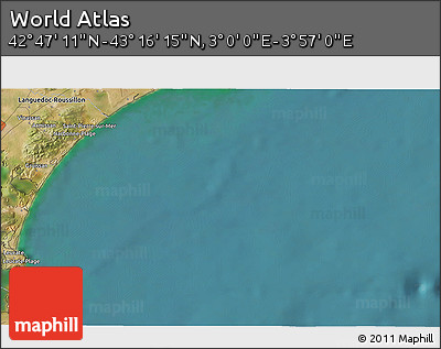 Satellite 3D Map of the Area around 43° 1' 43" N, 3° 28' 30" E