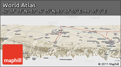 Shaded Relief Panoramic Map of the Area around 43° 1' 43" N, 44° 16' 29" E