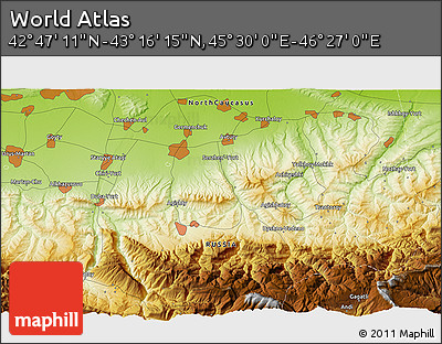 Physical 3D Map of the Area around 43° 1' 43" N, 45° 58' 30" E