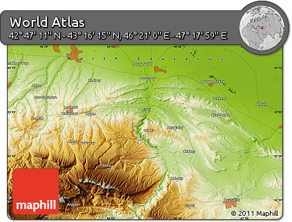 Physical Map of the Area around 43° 1' 43" N, 46° 49' 30" E