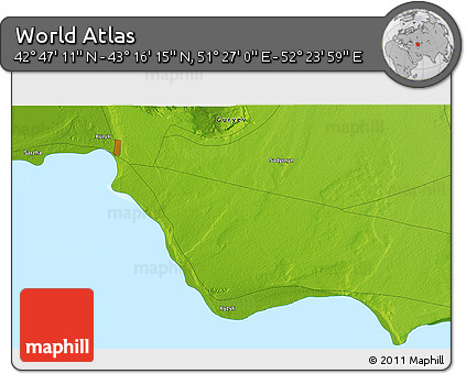 Physical 3D Map of the Area around 43° 1' 43" N, 51° 55' 29" E