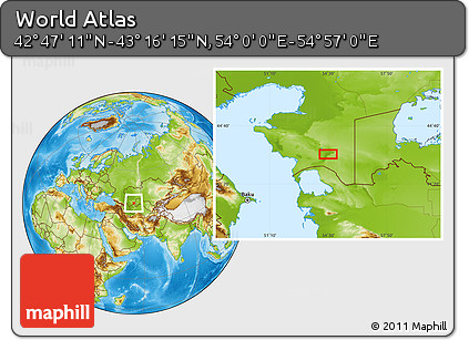 Physical Location Map of the Area around 43° 1' 43" N, 54° 28' 30" E