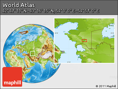 Physical Location Map of the Area around 43° 1' 43" N, 54° 28' 30" E