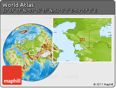 Physical Location Map of the Area around 43° 1' 43" N, 54° 28' 30" E