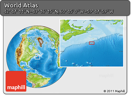 Physical Location Map of the Area around 43° 1' 43" N, 60° 16' 29" W