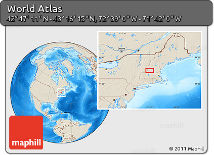 Shaded Relief Location Map of the Area around 43° 1' 43" N, 72° 10' 30" W