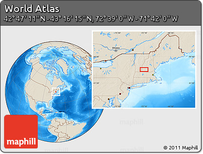 Shaded Relief Location Map of the Area around 43° 1' 43" N, 72° 10' 30" W