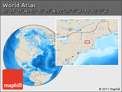 Shaded Relief Location Map of the Area around 43° 1' 43" N, 72° 10' 30" W