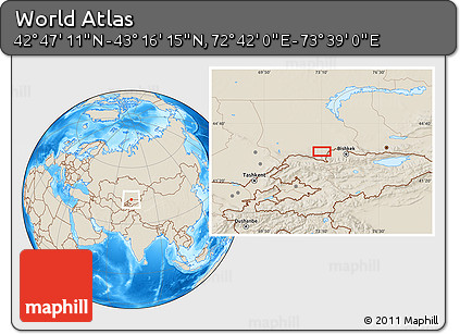 Shaded Relief Location Map of the Area around 43° 1' 43" N, 73° 10' 30" E