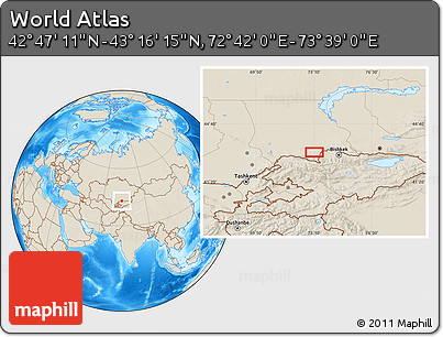 Shaded Relief Location Map of the Area around 43° 1' 43" N, 73° 10' 30" E