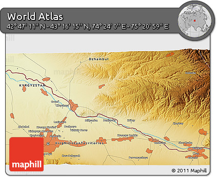 Physical 3D Map of the Area around 43° 1' 43" N, 74° 52' 30" E