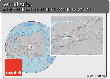 Gray Location Map of the Area around 43° 1' 43" N, 79° 58' 29" E, hill shading