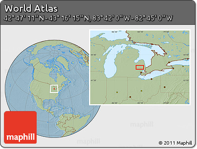 Savanna Style Location Map of the Area around 43° 1' 43" N, 83° 13' 29" W, hill shading