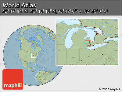 Savanna Style Location Map of the Area around 43° 1' 43" N, 83° 13' 29" W, hill shading