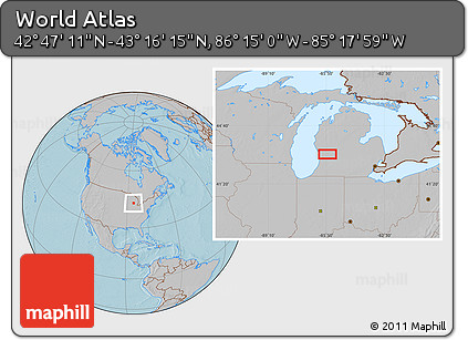 Gray Location Map of the Area around 43° 1' 43" N, 85° 46' 30" W, hill shading