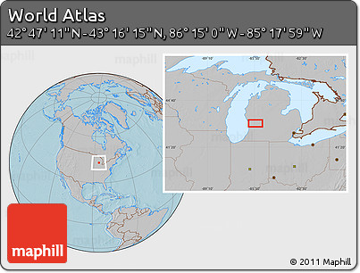 Gray Location Map of the Area around 43° 1' 43" N, 85° 46' 30" W, hill shading