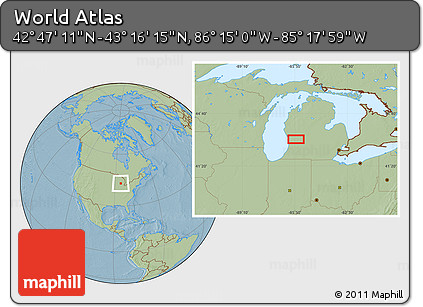 Savanna Style Location Map of the Area around 43° 1' 43" N, 85° 46' 30" W, hill shading