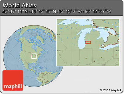 Savanna Style Location Map of the Area around 43° 1' 43" N, 85° 46' 30" W, hill shading