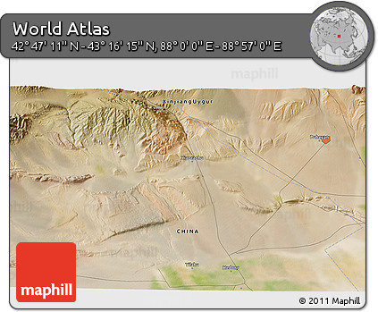 Satellite 3D Map of the Area around 43° 1' 43" N, 88° 28' 29" E