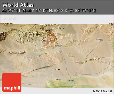 Satellite 3D Map of the Area around 43° 1' 43" N, 88° 28' 29" E