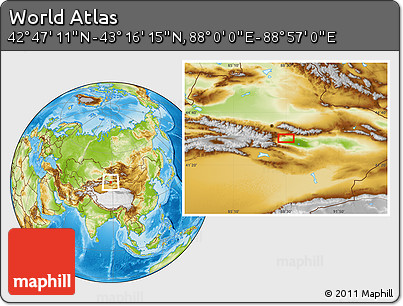 Physical Location Map of the Area around 43° 1' 43" N, 88° 28' 29" E