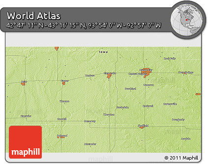 Physical 3D Map of the Area around 43° 1' 43" N, 93° 25' 30" W