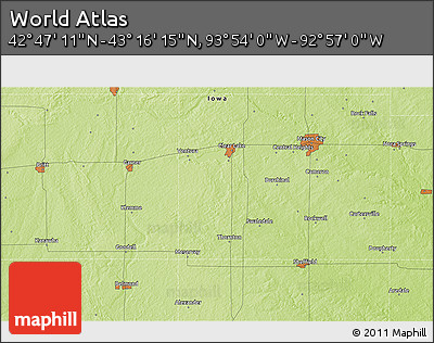 Physical 3D Map of the Area around 43° 1' 43" N, 93° 25' 30" W