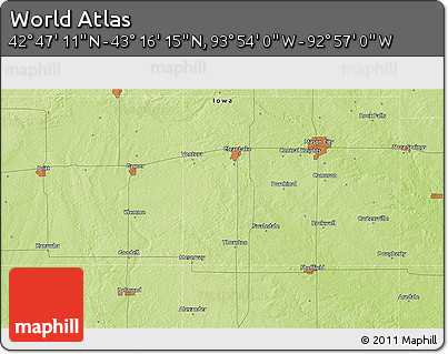 Physical 3D Map of the Area around 43° 1' 43" N, 93° 25' 30" W