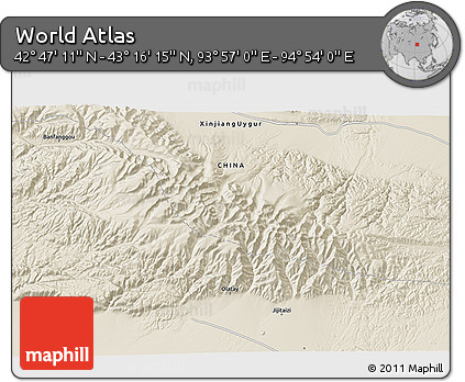 Shaded Relief 3D Map of the Area around 43° 1' 43" N, 94° 25' 30" E