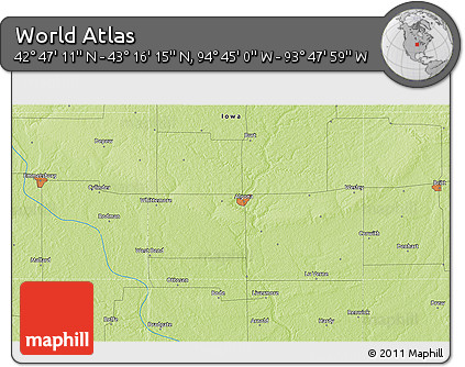 Physical 3D Map of the Area around 43° 1' 43" N, 94° 16' 30" W
