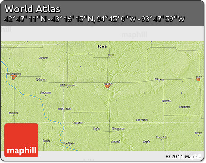Physical 3D Map of the Area around 43° 1' 43" N, 94° 16' 30" W