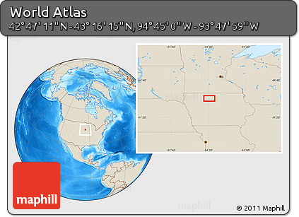 Shaded Relief Location Map of the Area around 43° 1' 43" N, 94° 16' 30" W