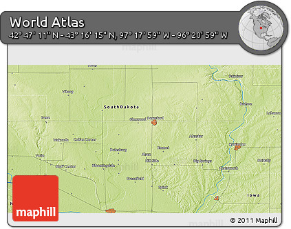 Physical 3D Map of the Area around 43° 1' 43" N, 96° 49' 29" W