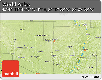 Physical 3D Map of the Area around 43° 1' 43" N, 96° 49' 29" W