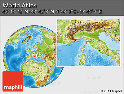 Physical Location Map of the Area around 43° 27' 40" N, 10° 16' 30" E