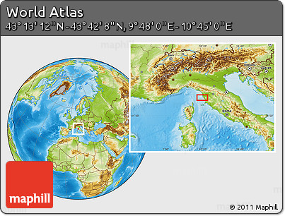 Physical Location Map of the Area around 43° 27' 40" N, 10° 16' 30" E