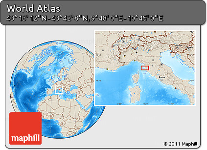 Shaded Relief Location Map of the Area around 43° 27' 40" N, 10° 16' 30" E