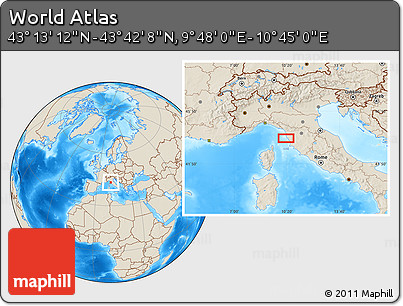 Shaded Relief Location Map of the Area around 43° 27' 40" N, 10° 16' 30" E