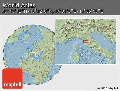 Savanna Style Location Map of the Area around 43° 27' 40" N, 11° 7' 30" E, hill shading
