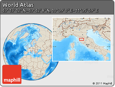 Shaded Relief Location Map of the Area around 43° 27' 40" N, 11° 7' 30" E