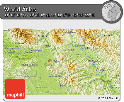 Physical 3D Map of the Area around 43° 27' 40" N, 11° 58' 29" E