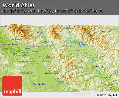 Physical 3D Map of the Area around 43° 27' 40" N, 11° 58' 29" E