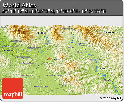 Physical 3D Map of the Area around 43° 27' 40" N, 11° 58' 29" E