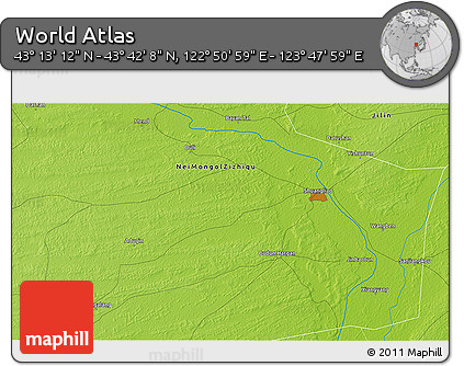 Physical 3D Map of the Area around 43° 27' 40" N, 123° 19' 29" E