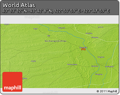 Physical 3D Map of the Area around 43° 27' 40" N, 123° 19' 29" E